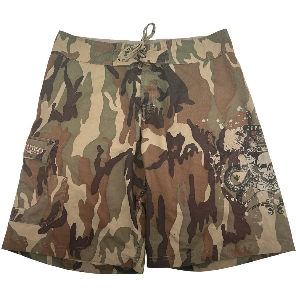 VTG y2k Men's Camo Skull Snake INKED Tv Show Cargo Swim Suit Board Shorts 36x10